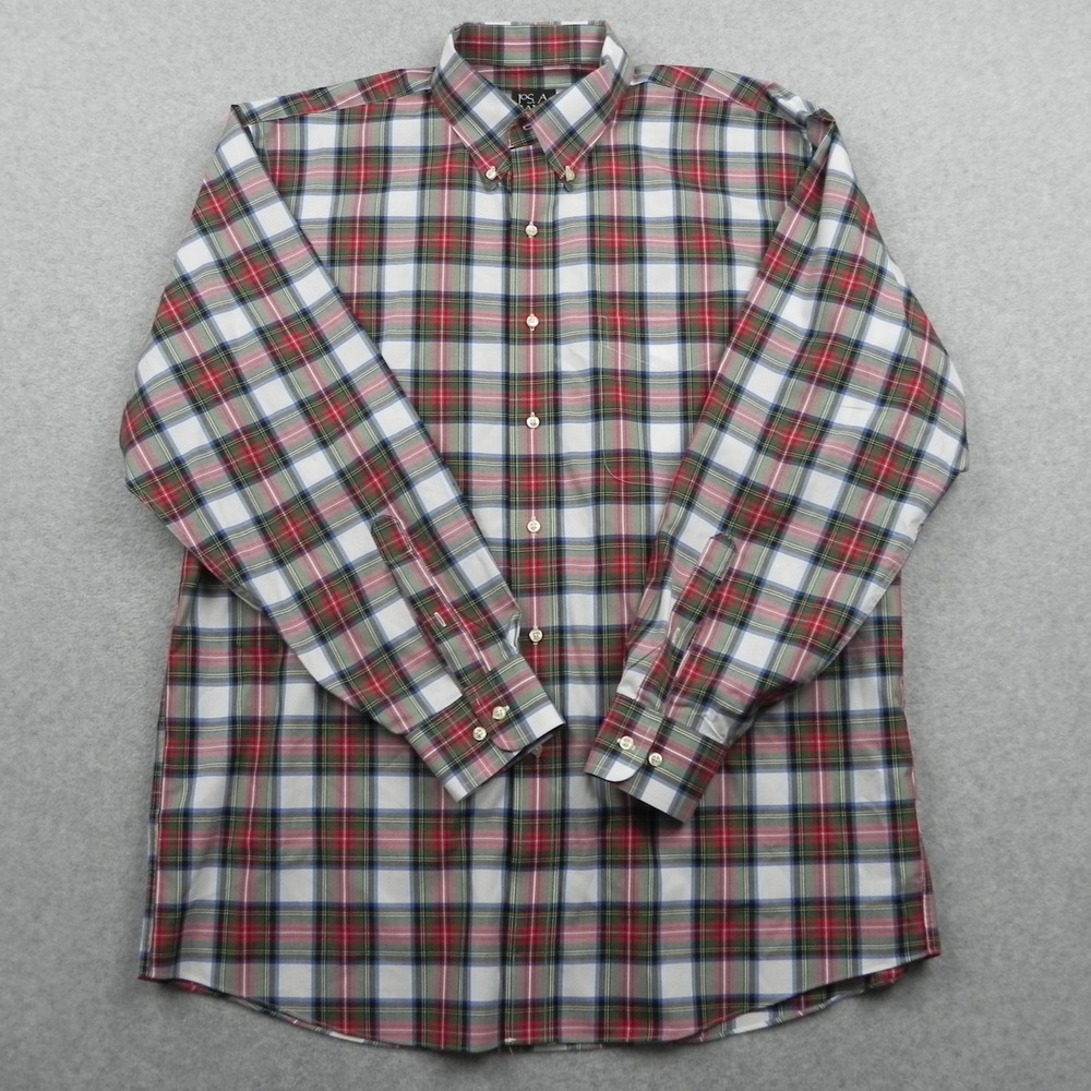Jos A Bank Shirt Mens Large Traveler Pocket Button Up Tartan Plaid Long Sleeve